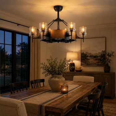 Kviflon 6038 rustic wooden caged ceiling fan installed in a cozy farmhouse style dinning room, creating a warm ambient statement.