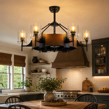 Kviflon 6038 rustic wooden caged ceiling fan installed in a cozy farmhouse style dinning room, creating a warm ambient statement.