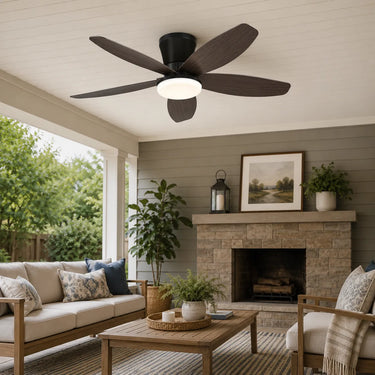 Kviflon 6666 low profile ceiling fan with light installed in a covered patio setting
