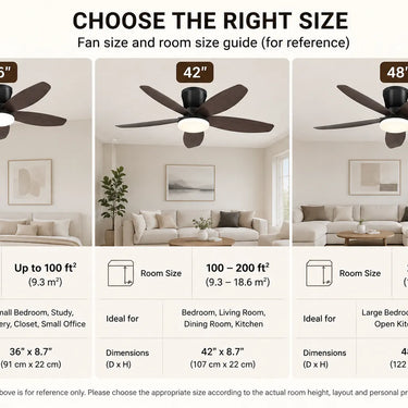 Size options for Kviflon 6666 low profile ceiling fan with light in 36 42 and 48 inch