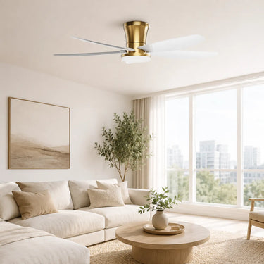 Kviflon 6666 42 inch white gold ceiling fan with light in a modern living room