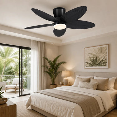 Kviflon 6669 42 inch palm leaf ceiling fan with light installed in a bedroom
