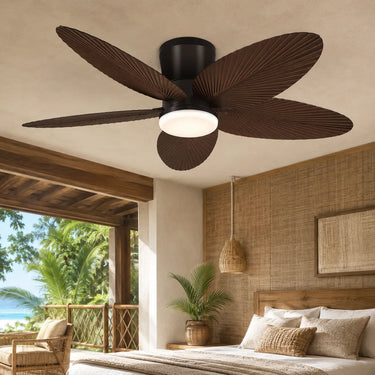 Kviflon 6669 42 inch palm leaf ceiling fan with light installed in a living room