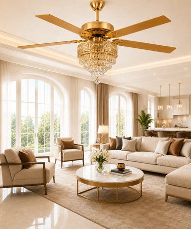 Kviflon 5003 72 inch gold crystal chandelier ceiling fan with light, ideal for large living rooms and open spaces from 323 to 484 sq ft 