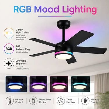RGB ambient light feature of Kviflon 8228 flush mount ceiling fan with light