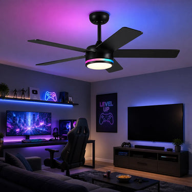 Kviflon 8228 RGB ceiling fan with color changing ambient light in an entertainment room