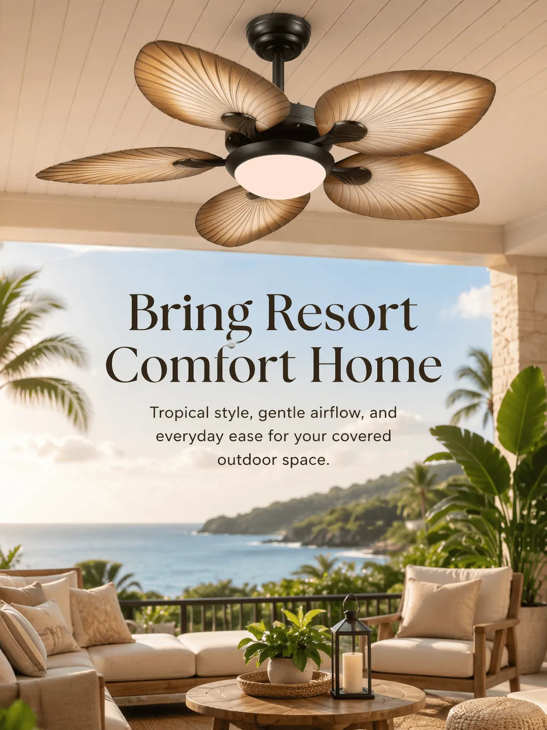 Kviflon 8230 tropical palm leaf ceiling fan for resort style living, 52 inch hand-carved wood blades for patio and coastal home