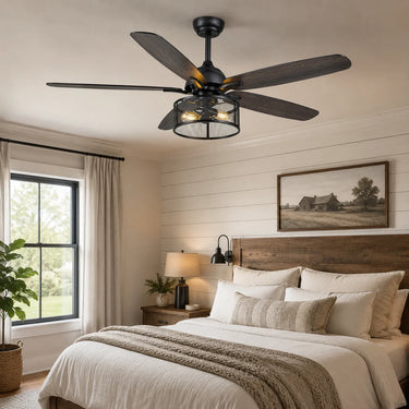 Kviflon 8235 56 inch rustic farmhouse ceiling fan with light installed in a high-ceiling modern industrial bedroom