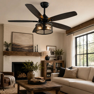 Kviflon 8235 56 inch rustic farmhouse ceiling fan with light installed in a high-ceiling modern industrial living room.