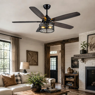 Kviflon 8235 56 inch rustic farmhouse ceiling fan with light installed in a high-ceiling modern industrial living room.