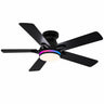 52 inch black RGB ceiling fan with modern flush mount design installed in living room with ambient lighting