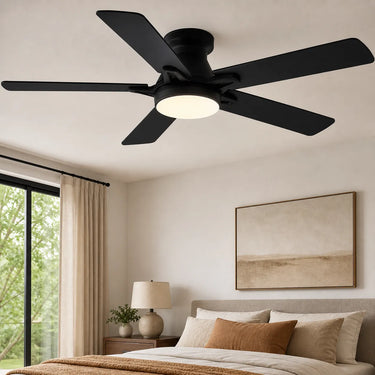 modern black ceiling fan with LED light flush mount design for bedroom and living room interior