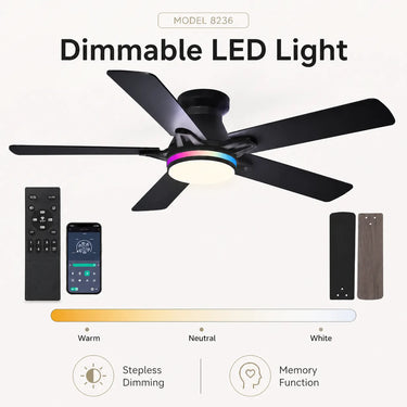 quiet DC motor ceiling fan with 6 speed settings dimmable led light