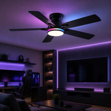 RGB color changing ceiling fan light showing gaming room ambient lighting with modern ceiling design