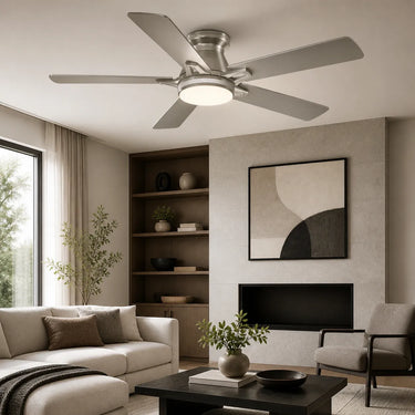white modern ceiling fan with LED light minimalist flush mount design for clean interior home style