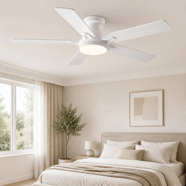 white modern ceiling fan with LED light minimalist flush mount design for clean interior home style