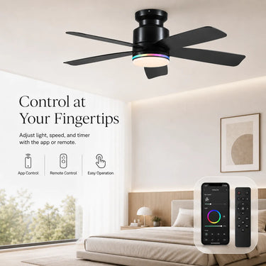 Black ceiling fan with app and remote control for RGB light and fan speed