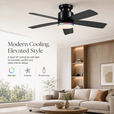 Black RGB ceiling fan with light installed in a modern living room