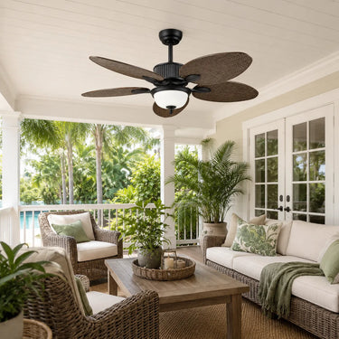 Kviflon 8242 wet-rated tropical palm leaf ceiling fan installed in a covered patio