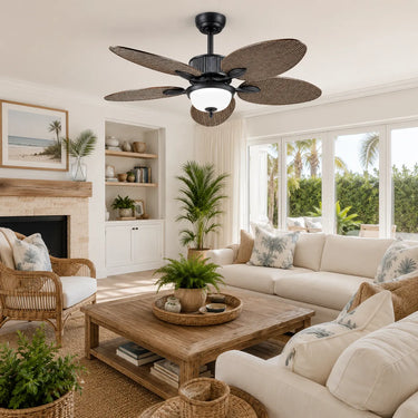 Kviflon 8242 tropical palm leaf ceiling fan installed in a living room