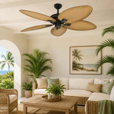 Kviflon 8242 tropical palm leaf ceiling fan installed in a living room