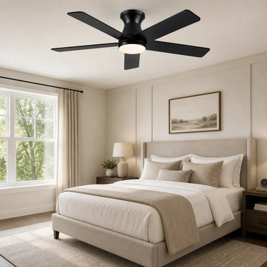 52 inch black modern ceiling fan with light installed in contemporary bedroom flush mount design
