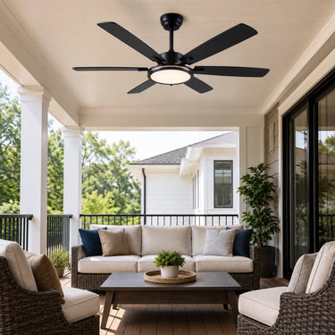 Kviflon 8256 downrod ceiling fan with light installed in a patio