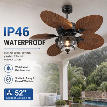 IP46 wet-rated outdoor use feature of Kviflon 8309 palm leaf ceiling fan with light
