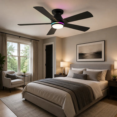 Kviflon 8311 RGB flush mount ceiling fan with light installed in a modern bedroom