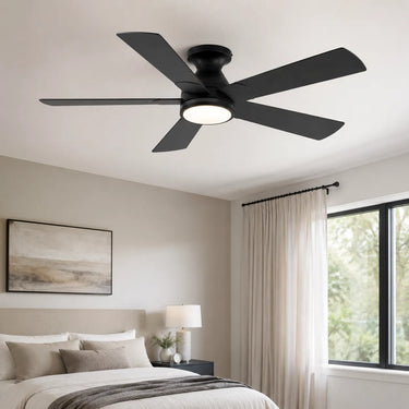 Kviflon 8311 black flush mount ceiling fan with light installed in a modern bedroom