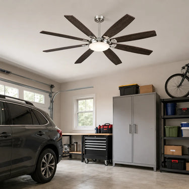 Kviflon 8889 72 inch industrial ceiling fan with light installed in a garage