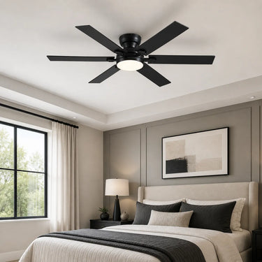 Kviflon 8900 low profile ceiling fan with light installed in a modern bedroom