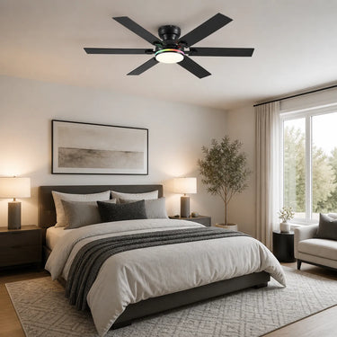 Kviflon 8900 RGB low profile ceiling fan with light installed in a bedroom 