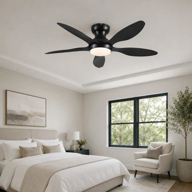 Black Kviflon 8901 ceiling fan installed in modern minimalist bedroom interior