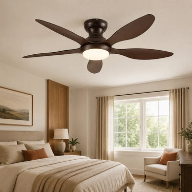 Brown Kviflon 8901 ceiling fan installed in modern bedroom warm lighting interior