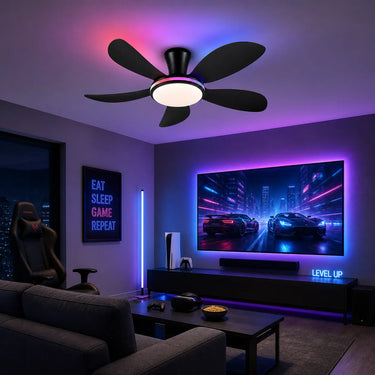 Kviflon 8907 RGB ceiling fan with color changing ambient light installed in a gaming room