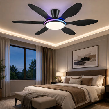 Kviflon 8912 RGB flush mount ceiling fan with light installed in a modern bedroom