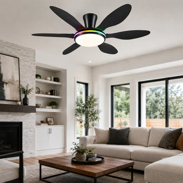 Kviflon 8912 RGB flush mount ceiling fan with light installed in a modern living room