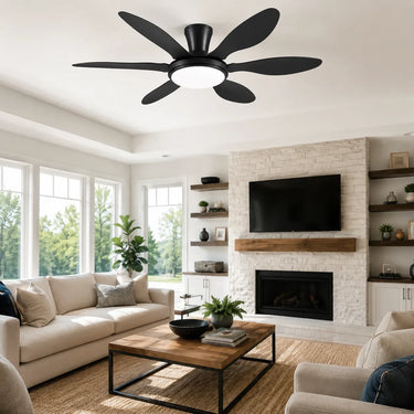Kviflon 8912 standard LED flush mount ceiling fan with light installed in a modern living room