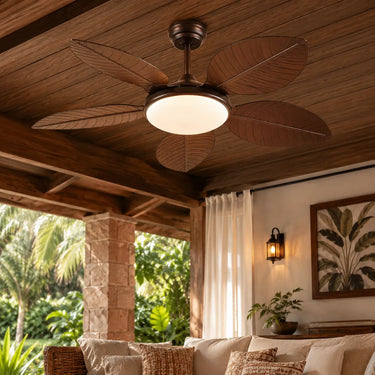 Kviflon 8916 vintage palm leaf ceiling fan with light installed in a patio