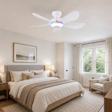 Kviflon 8922 RGB low profile ceiling fan with light installed in a cozy bedroom