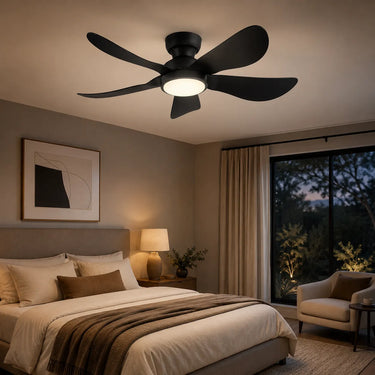 Kviflon 8922 standard black LED low profile ceiling fan with light installed in a modern bedroom