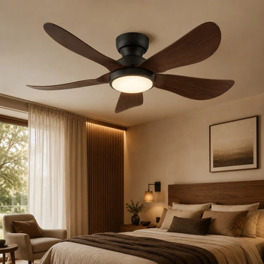 Kviflon 8922 standard brown LED low profile ceiling fan with light installed in a modern bedroom