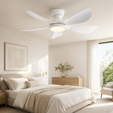 Kviflon 8922 standard white LED low profile ceiling fan with light installed in a modern bedroom
