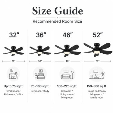Size options for Kviflon 8922 standard LED low profile ceiling fan in 32 36 46 and 52 inch
