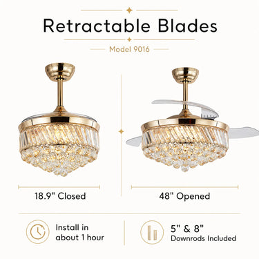 Kviflon 9016 fandelier in closed state showing a 19 inch elegant K9 crystal chandelier profile with blades hidden automatically.