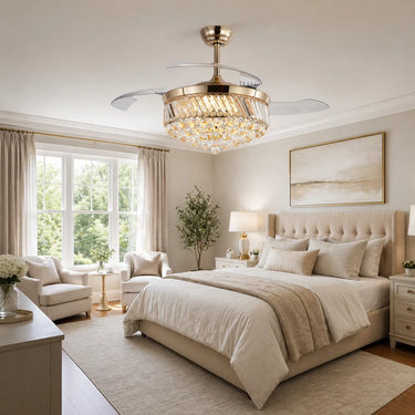 Kviflon 9016 intelligent golden crystal hidden blades ceiling fan installed in a modern high-end bedroom setup.