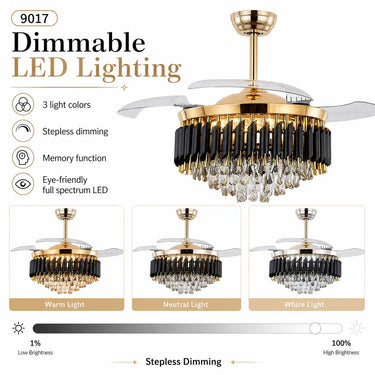 Dimmable LED lighting on Kviflon 9017 gold ceiling fan with 3 color temperatures