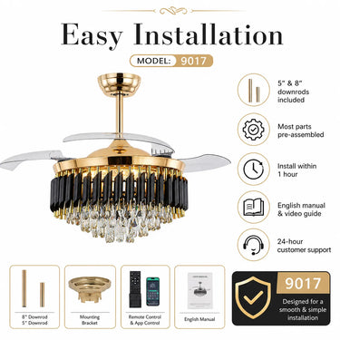 Kviflon 9017 gold retractable ceiling fan includes 4.92 inch and 7.87 inch downrods
