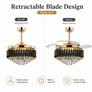Angled view of Kviflon 9017 gold retractable crystal ceiling fan with blades extended